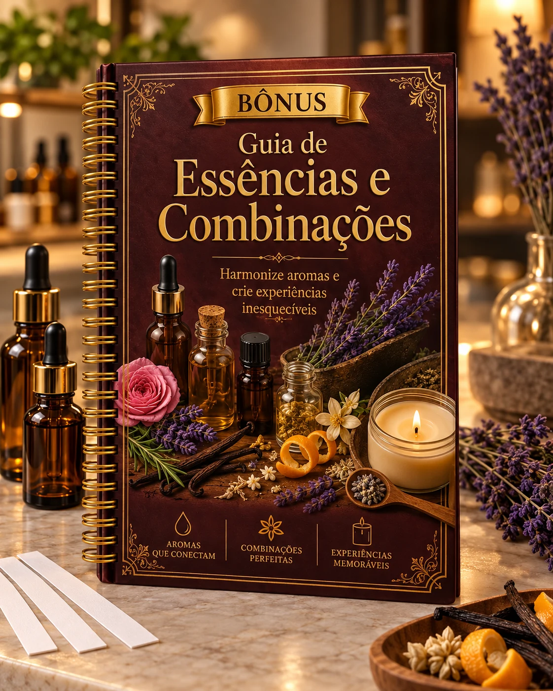 Mockup do bônus Guia de Essências e Combinações.