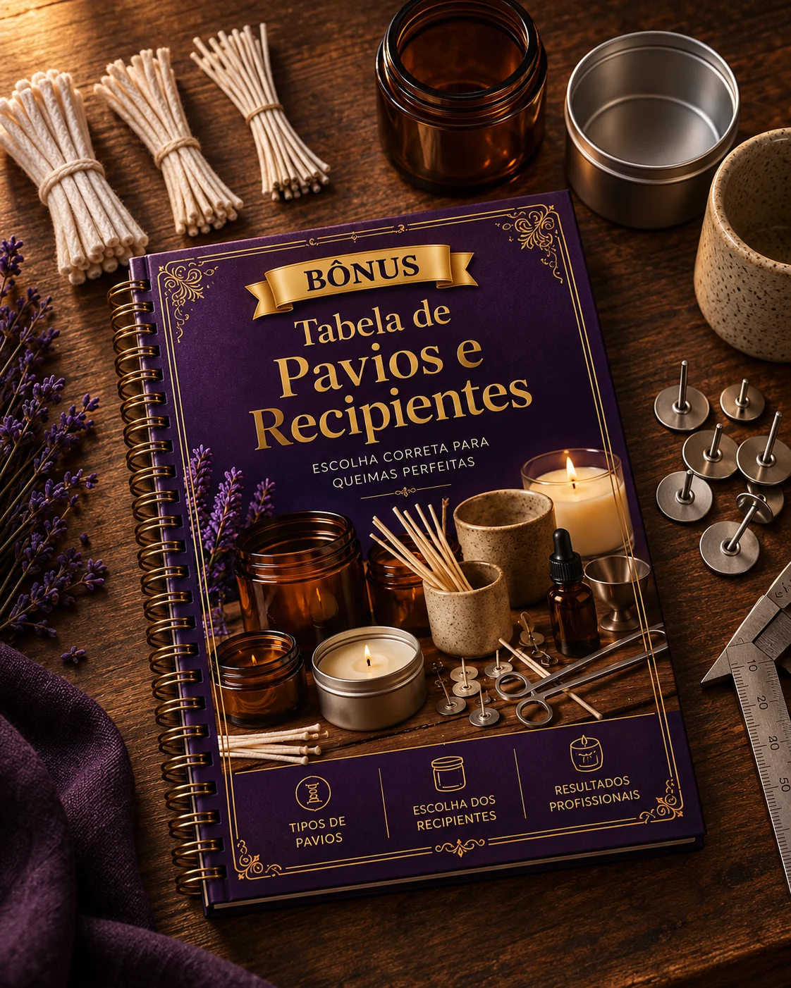 Mockup do bônus Tabela de Pavios e Recipientes.