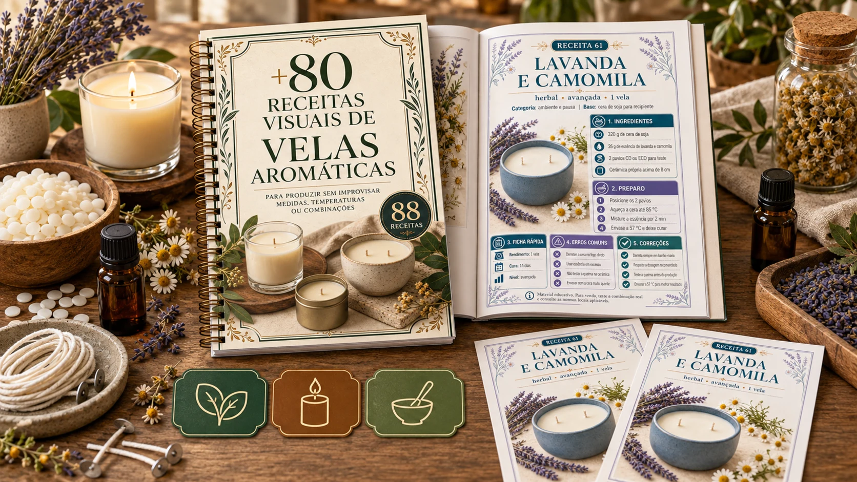 Mockup do catálogo de velas aromáticas, com a capa e uma receita aberta.